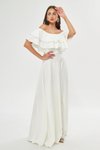 Beyaz Uzun Kloş Düşük Omuz Çift Kat Fırfır Detaylı Abiye Elbise