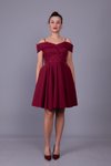 Bordo Çiçekli Askılı Mini Düşük Omuz Kloş Tül Detay Abiye Elbise