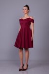 Bordo Çiçekli Askılı Mini Düşük Omuz Kloş Tül Detay Abiye Elbise