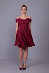 Bordo Çiçekli Askılı Mini Düşük Omuz Kloş Tül Detay Abiye Elbise