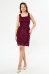 Bordo Desenli Mini Kalem Kare Yaka Payet Abiye Elbise