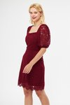 Bordo Fransız Dantel Mini Balon Kol Kare Yaka Abiye Elbise