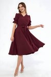 Bordo Midi Kısa Kol Kruvaze Yaka Büzgülü Kuşaklı Abiye Elbise