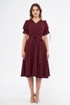 Bordo Midi Kısa Kol Kruvaze Yaka Büzgülü Kuşaklı Abiye Elbise