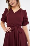 Bordo Midi Kısa Kol Kruvaze Yaka Büzgülü Kuşaklı Abiye Elbise