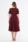Bordo Midi Kısa Kol Kruvaze Yaka Büzgülü Kuşaklı Abiye Elbise