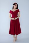 Bordo Midi Kloş Kayık Yaka Abiye Elbise