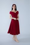 Bordo Midi Kloş Kayık Yaka Abiye Elbise