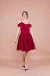 Bordo Pileli Mini Düşük Omuz Askılı Abiye Elbise