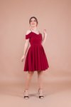 Bordo Pileli Mini Düşük Omuz Askılı Abiye Elbise