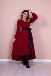 Bordo Siyah Uzun Kol Asimetrik Kesim Deri Kemerli Elbise