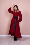 Bordo Siyah Uzun Kol Asimetrik Kesim Deri Kemerli Elbise