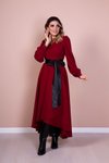 Bordo Siyah Uzun Kol Asimetrik Kesim Deri Kemerli Elbise