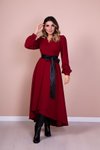 Bordo Siyah Uzun Kol Asimetrik Kesim Deri Kemerli Elbise
