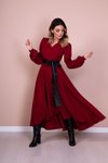 Bordo Siyah Uzun Kol Asimetrik Kesim Deri Kemerli Elbise