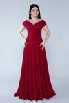 Bordo Uzun Kayık Yaka Düşük Omuz Abiye Elbise