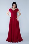 Bordo Uzun Kayık Yaka Düşük Omuz Abiye Elbise