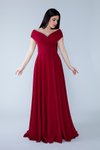 Bordo Uzun Kayık Yaka Düşük Omuz Abiye Elbise