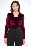 Bordo Uzun Kol Büzgü Detaylı Kadife Çıtçıtlı Body