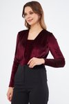 Bordo Uzun Kol Büzgü Detaylı Kadife Çıtçıtlı Body