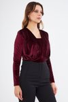 Bordo Uzun Kol Büzgü Detaylı Kadife Çıtçıtlı Body