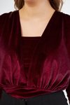 Bordo Uzun Kol Büzgü Detaylı Kadife Çıtçıtlı Body