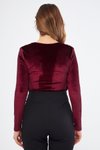 Bordo Uzun Kol Büzgü Detaylı Kadife Çıtçıtlı Body