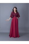 Bordo Uzun Kruvaze Yaka Yarasa Kol Payet Detay Abiye Elbise