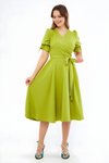 Fıstık Yeşili Kruvaze Yaka Büzgülü Kuşaklı Kısa Kol Lastikli Midi Elbise