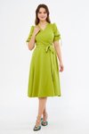 Fıstık Yeşili Kruvaze Yaka Büzgülü Kuşaklı Kısa Kol Lastikli Midi Elbise