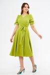 Fıstık Yeşili Kruvaze Yaka Büzgülü Kuşaklı Kısa Kol Lastikli Midi Elbise