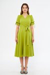 Fıstık Yeşili Kruvaze Yaka Büzgülü Kuşaklı Kısa Kol Lastikli Midi Elbise