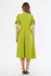 Fıstık Yeşili Kruvaze Yaka Büzgülü Kuşaklı Kısa Kol Lastikli Midi Elbise