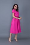 Fuşya Midi Yarasa Kol Beli Lastikli Cepli Elbise