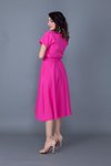 Fuşya Midi Yarasa Kol Beli Lastikli Cepli Elbise