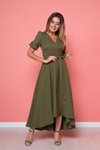 Haki Asimetrik Kesim Önü Kısa Arkası Uzun Kruvaze Yaka Elbise