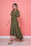 Haki Asimetrik Kesim Önü Kısa Arkası Uzun Kruvaze Yaka Elbise