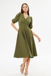 Haki Midi Balon Kol V Yaka Korsaj Kemer Detaylı Abiye Elbise