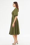 Haki Midi Balon Kol V Yaka Korsaj Kemer Detaylı Abiye Elbise