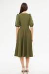 Haki Midi Balon Kol V Yaka Korsaj Kemer Detaylı Abiye Elbise