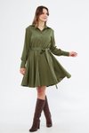 Haki Mini Gömlek Dokuma Dökümlü Kumaş Beli Lastikli Kuşaklı Uzun Kol Elbise