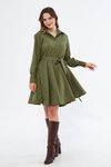 Haki Mini Gömlek Dokuma Dökümlü Kumaş Beli Lastikli Kuşaklı Uzun Kol Elbise