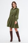 Haki Mini Gömlek Dokuma Dökümlü Kumaş Beli Lastikli Kuşaklı Uzun Kol Elbise