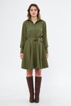 Haki Mini Gömlek Dokuma Dökümlü Kumaş Beli Lastikli Kuşaklı Uzun Kol Elbise
