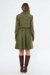 Haki Mini Gömlek Dokuma Dökümlü Kumaş Beli Lastikli Kuşaklı Uzun Kol Elbise
