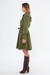 Haki Mini Gömlek Dokuma Dökümlü Kumaş Beli Lastikli Kuşaklı Uzun Kol Elbise