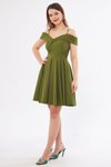 Haki Mini Kloş Askılı Kayık Yaka Pileli Abiye Elbise