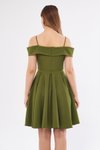 Haki Mini Kloş Askılı Kayık Yaka Pileli Abiye Elbise