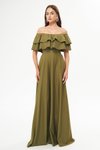 Haki Uzun Kloş Düşük Omuz Çift Kat Fırfır Detay Abiye Elbise