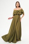Haki Uzun Kloş Düşük Omuz Çift Kat Fırfır Detay Abiye Elbise